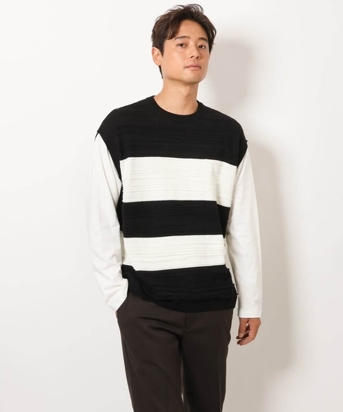 a.v.v(アーヴェヴェ)の「【洗濯機で洗える】ボーターニットベスト切り替えカットソー(Tシャツ/カットソー・メンズ・ブラック/ホワイト・48/46/50)」の10枚目の写真