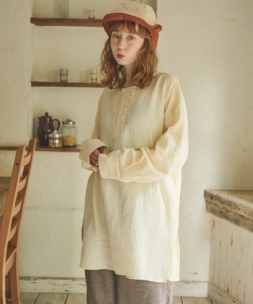 Crisp（クリスプ）の「ヘンリーガーゼブラウス（シャツ/ブラウス・レディース・モカ/アイボリー・FREE）」の4枚目の写真