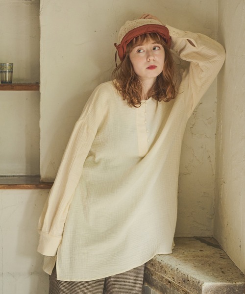 Crisp（クリスプ）の「ヘンリーガーゼブラウス（シャツ/ブラウス・レディース・モカ/アイボリー・FREE）」の6枚目の写真