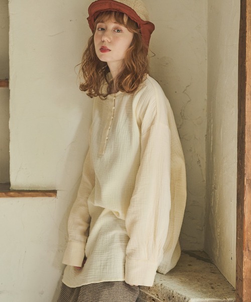 Crisp（クリスプ）の「ヘンリーガーゼブラウス（シャツ/ブラウス・レディース・モカ/アイボリー・FREE）」の7枚目の写真