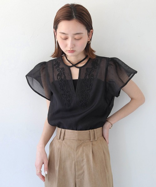 CLEIO(クレイオ)の「【CLEIO】テープ刺繍ネックリボン半袖ブラウス(シャツ/ブラウス・レディース・アイボリー/ブラック・FREE)」の16枚目の写真