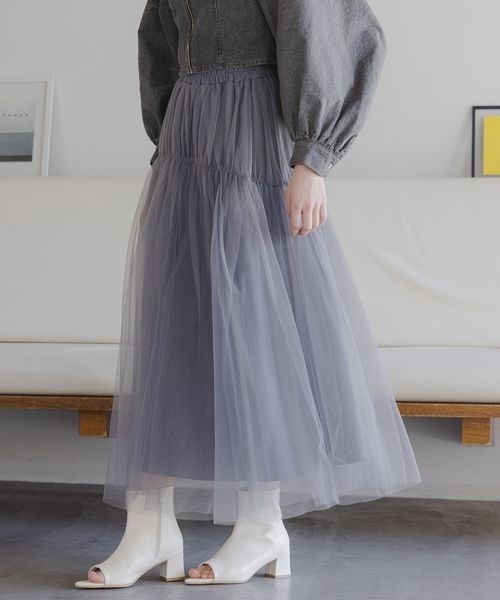 mysty woman（ミスティウーマン）の「ティアードチュールスカート 108217（スカート・レディース・アイボリー/チャコールグレー/ライトグリーン・FREE）」の3枚目の写真