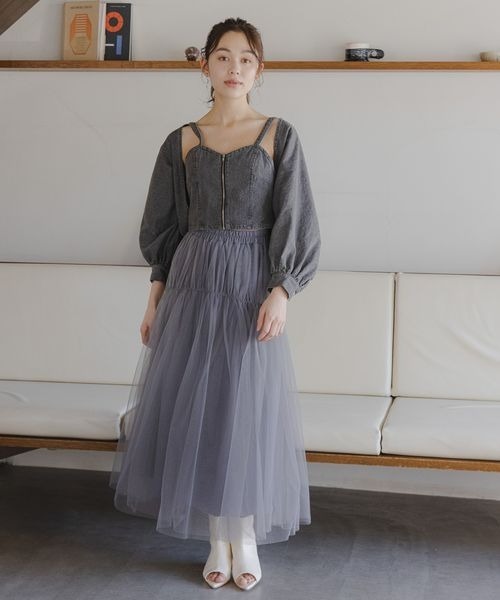 mysty woman（ミスティウーマン）の「ティアードチュールスカート 108217（スカート・レディース・アイボリー/チャコールグレー/ライトグリーン・FREE）」の4枚目の写真