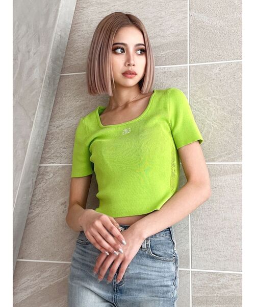 GYDA(ジェイダ)の「Symmetry GYDAサイドメッシュニットトップス(ニット/セーター・レディース・その他1/ライム/オフホワイト/ブラック・FREE)」の3枚目の写真