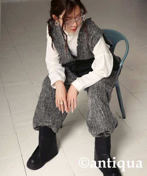 antiqua(アンティカ)の「ツイードライクオールインワン(つなぎ/オールインワン・レディース・チャコールグレー・P/R)」の4枚目の写真