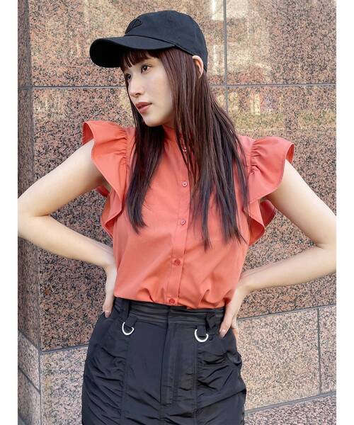 MURUA（ムルーア）の「スタンドカラーフリルブラウス（シャツ/ブラウス・レディース・ホワイト/オレンジ/ブルー/ブラック・FREE）」の6枚目の写真