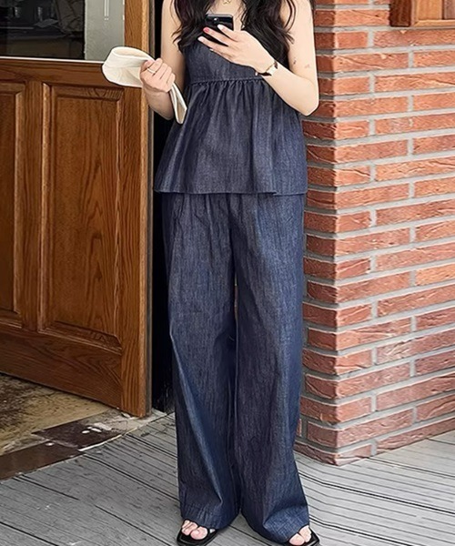 Ritomo De Ricco（リトモ・デ・リコ）の「Ritomo湘南スタイル　シアーデニムキャミソール&パンツ　セットアップ（サロペット/オーバーオール・レディース・インディゴブルー・FREE）」の2枚目の写真