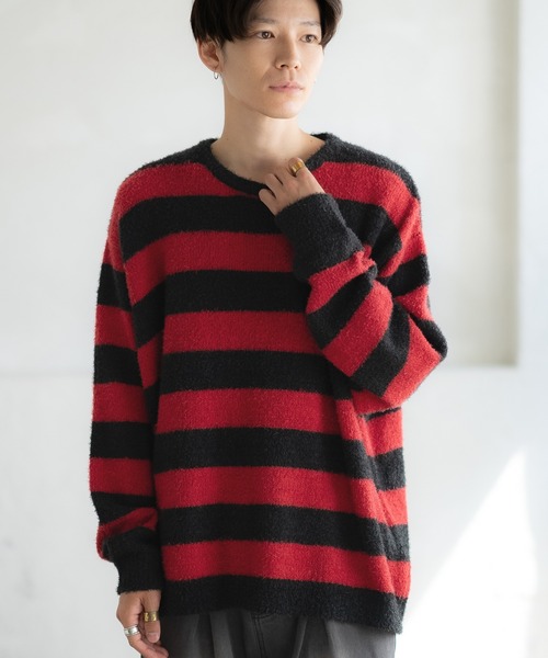improves(インプローブス)の「無地&ボーダー柄 フェザーヤーン クルーネック ニット(ニット/セーター・メンズ・グレー/ブラック/ブラック×レッド/ベージュ/ブラック×グレー/ホワイト/ブラック×ホワイト・MEDIUM/LARGE)」の6枚目の写真