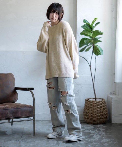 improves(インプローブス)の「無地&ボーダー柄 フェザーヤーン クルーネック ニット(ニット/セーター・メンズ・グレー/ブラック/ブラック×レッド/ベージュ/ブラック×グレー/ホワイト/ブラック×ホワイト・MEDIUM/LARGE)」の20枚目の写真