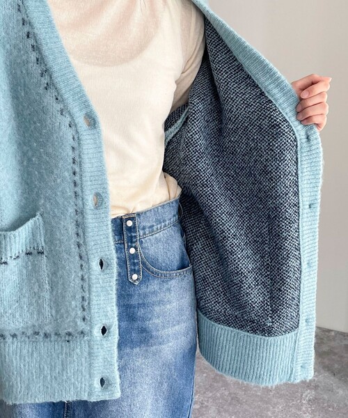 ワンダフルワールドの水色カーディガン。くま付き 。ちょっとシミあり