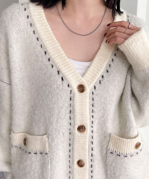 fredy emue（フレディエミュ）の「ふわふわ配色ミディ丈カーディガン（カーディガン/ボレロ・レディース・サックスブルー/アイボリー/グレー・38）」の5枚目の写真