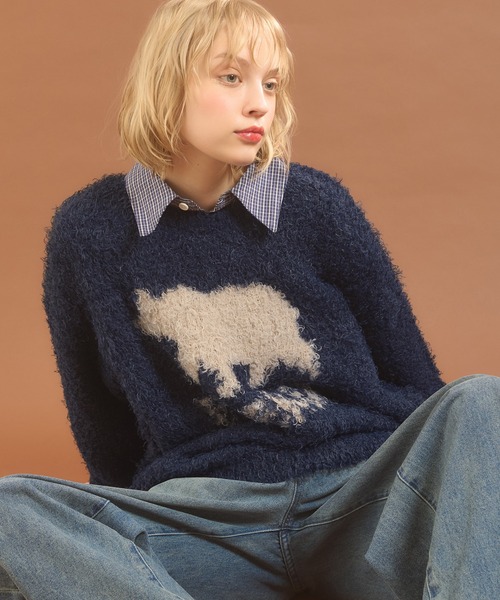 MUHET(ミュエータ)の「フェザーヤーンクマニット(ニット/セーター・レディース・ネイビー/グリーン・X-LARGE/MEDIUM)」の6枚目の写真