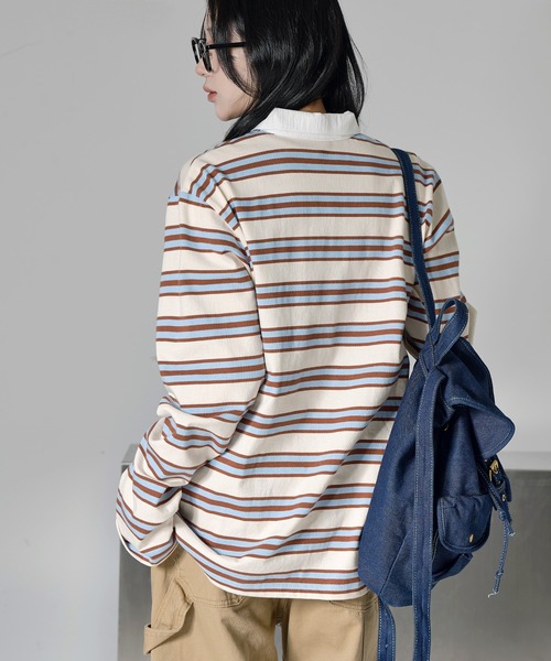 FOLLOWIN（フォロウィン）の「[FLW MADE]オーバーサイズストライプボーダーカラーラグビーロンTシャツカットソー（Tシャツ/カットソー・レディース・バーガンディー/スカイブルー・FREE）」の6枚目の写真