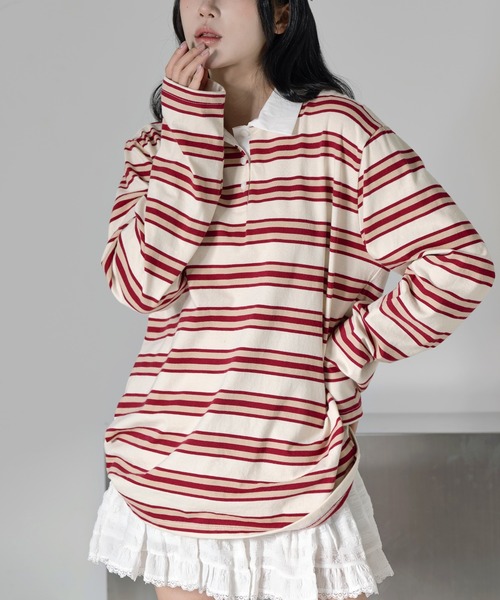 FOLLOWIN（フォロウィン）の「[FLW MADE]オーバーサイズストライプボーダーカラーラグビーロンTシャツカットソー（Tシャツ/カットソー・レディース・バーガンディー/スカイブルー・FREE）」の18枚目の写真