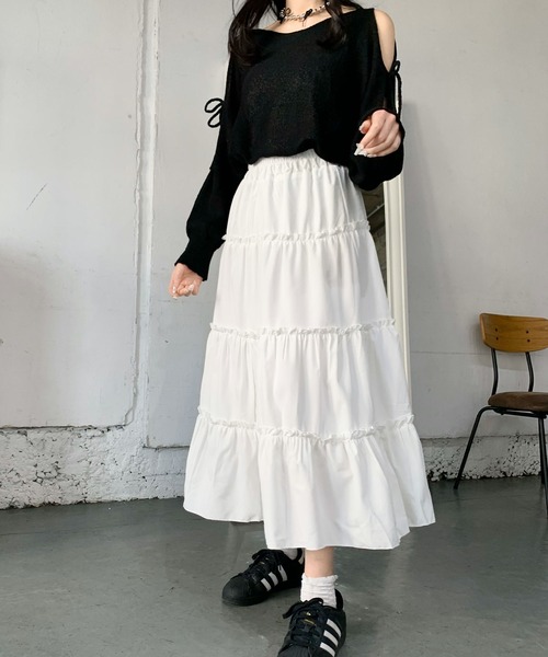 Teem Store(チームストア)の「ティアードロングボリュームフレアスカート(スカート・レディース・ピンク/ホワイト・L/M/S)」の2枚目の写真