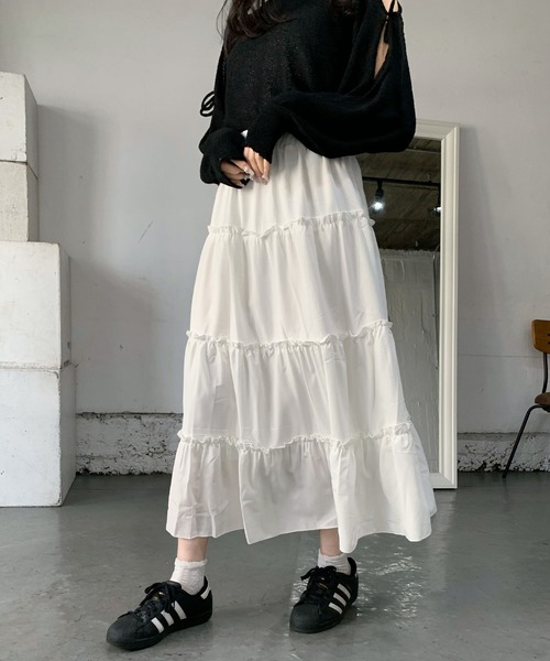 Teem Store(チームストア)の「ティアードロングボリュームフレアスカート(スカート・レディース・ピンク/ホワイト・L/M/S)」の4枚目の写真