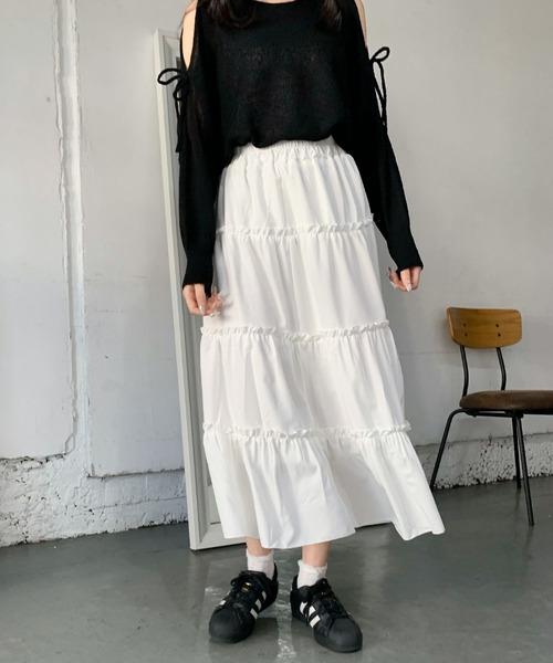 Teem Store(チームストア)の「ティアードロングボリュームフレアスカート(スカート・レディース・ピンク/ホワイト・L/M/S)」の3枚目の写真