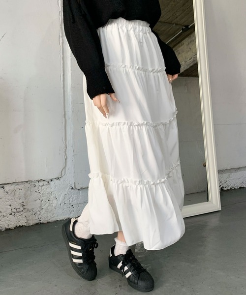 Teem Store(チームストア)の「ティアードロングボリュームフレアスカート(スカート・レディース・ピンク/ホワイト・L/M/S)」の7枚目の写真