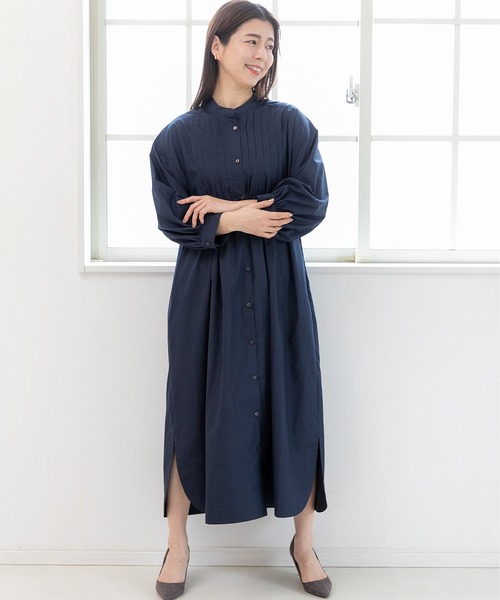 PREFERIR（プレフェリール）の「バンドカラー ピンタック ボリューム袖 ワンピース（シャツワンピース・レディース・ブラック/グリーン/ネイビー・MEDIUM/LARGE）」の3枚目の写真