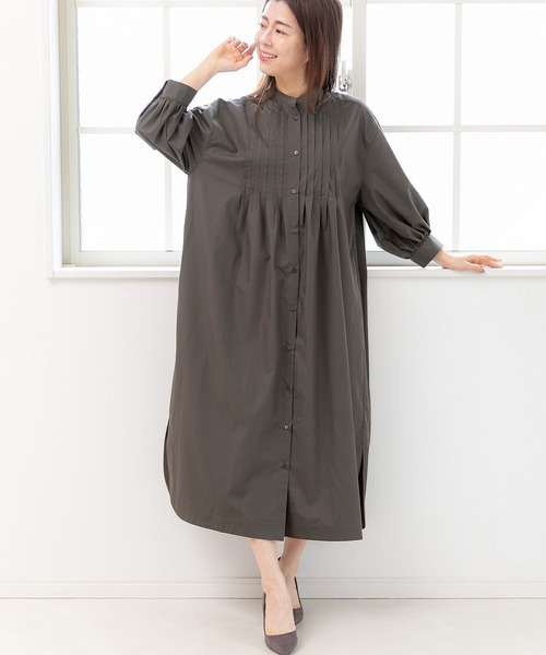 PREFERIR（プレフェリール）の「バンドカラー ピンタック ボリューム袖 ワンピース（シャツワンピース・レディース・ブラック/グリーン/ネイビー・MEDIUM/LARGE）」の9枚目の写真