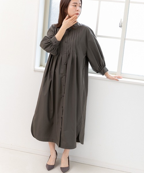 PREFERIR（プレフェリール）の「バンドカラー ピンタック ボリューム袖 ワンピース（シャツワンピース・レディース・ブラック/グリーン/ネイビー・MEDIUM/LARGE）」の8枚目の写真