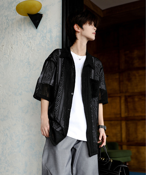 neos(ネオス)の「【neos】ルーズシルエット 総柄 メッシュ レース ハーフスリーブ シャツ(シャツ/ブラウス・メンズ・ブラック/ホワイト・X-LARGE/LARGE/MEDIUM)」の5枚目の写真