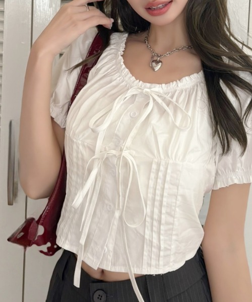 Ada.(エイダ)の「2WAY フロントリボン パフスリーブ クロップド ブラウス(シャツ/ブラウス・レディース・ホワイト/ブラック/ブルー・FREE)」の12枚目の写真