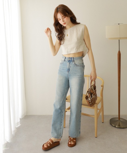 LAULEN（ローレン）の「washed wide denim pants /ウォッシュ加工 ハイウエスト ワイド デニムパンツ（デニムパンツ・レディース・ブルー・S/M）」の4枚目の写真