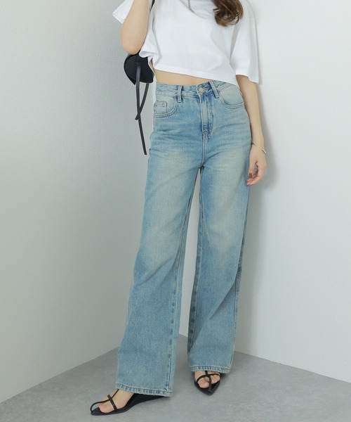 LAULEN（ローレン）の「washed wide denim pants /ウォッシュ加工 ハイウエスト ワイド デニムパンツ（デニムパンツ・レディース・ブルー・S/M）」の5枚目の写真