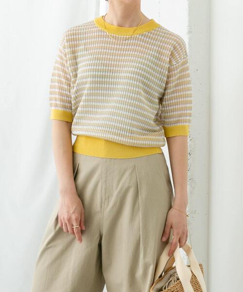 ITEMS URBANRESEARCH（アイテムズ アーバンリサーチ）の「シアーボーダー半袖ニット（ニット/セーター・レディース・ブラウン/イエロー/ネイビー・FREE）」の11枚目の写真
