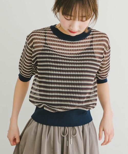 ITEMS URBANRESEARCH（アイテムズ アーバンリサーチ）の「シアーボーダー半袖ニット（ニット/セーター・レディース・ブラウン/イエロー/ネイビー・FREE）」の18枚目の写真
