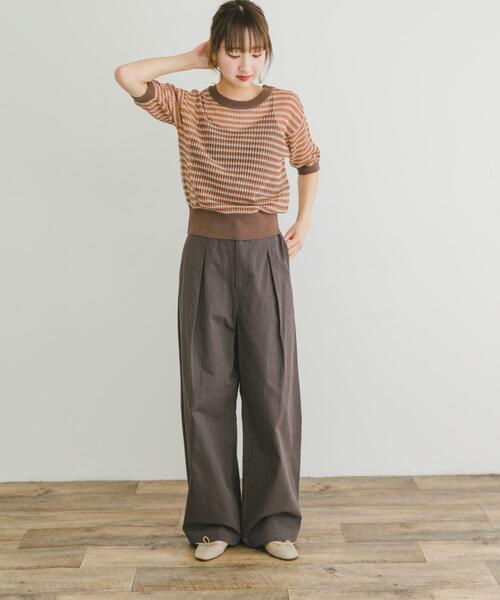 ITEMS URBANRESEARCH（アイテムズ アーバンリサーチ）の「シアーボーダー半袖ニット（ニット/セーター・レディース・ブラウン/イエロー/ネイビー・FREE）」の5枚目の写真