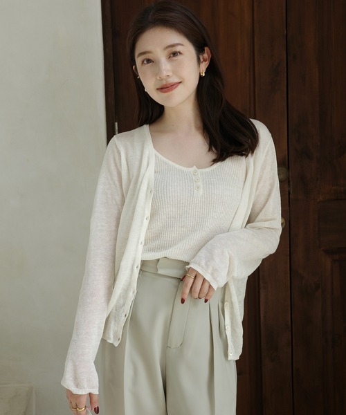 アニュアンス　Italy Linenベーシックニットカーディガン Italy Linenベーシックニットカーディガン(F BEIGE): トップスanuans