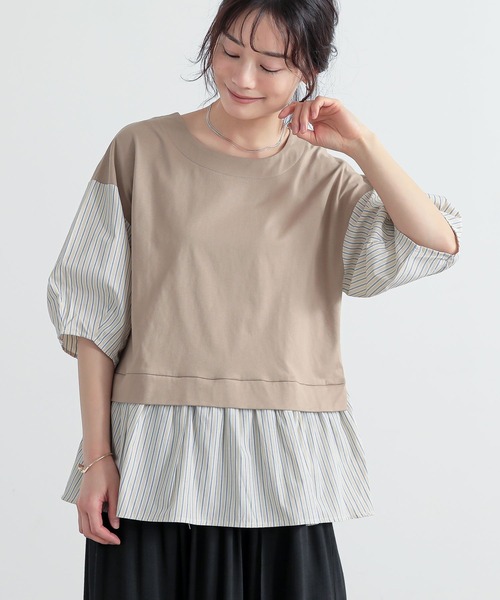 n'OrLABEL（ノアールレーベル）の「異素材ストライプペプラムカットソー（Tシャツ/カットソー・レディース・杢グレー/ベージュ/ネイビー/チャコール・1/2）」の3枚目の写真