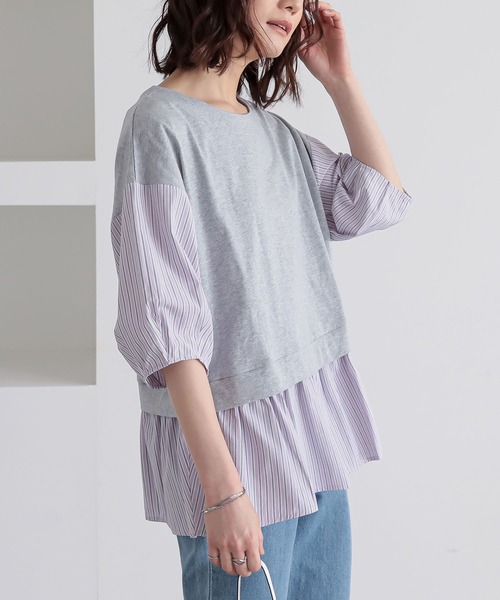 n'OrLABEL（ノアールレーベル）の「異素材ストライプペプラムカットソー（Tシャツ/カットソー・レディース・杢グレー/ベージュ/ネイビー/チャコール・1/2）」の2枚目の写真