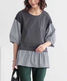 長袖ストライプカットソー グレー Tシャツ/カットソー（グレー/灰色系・ストライプ柄