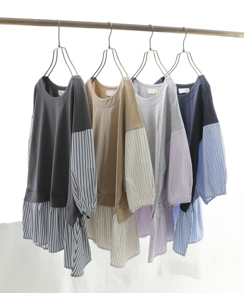 n'OrLABEL（ノアールレーベル）の「異素材ストライプペプラムカットソー（Tシャツ/カットソー・レディース・杢グレー/ベージュ/ネイビー/チャコール・1/2）」の5枚目の写真