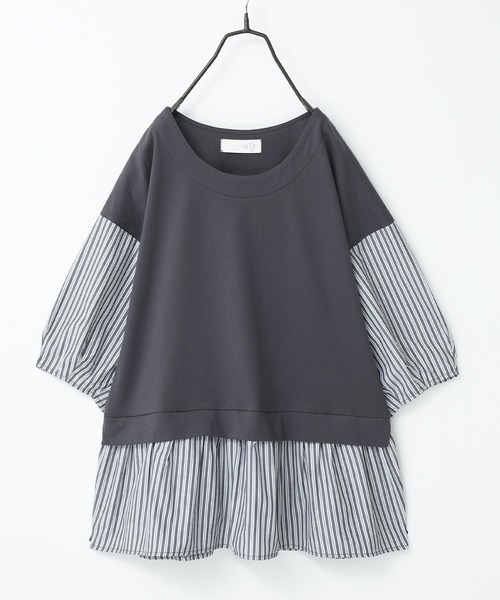 n'OrLABEL（ノアールレーベル）の「異素材ストライプペプラムカットソー（Tシャツ/カットソー・レディース・杢グレー/ベージュ/ネイビー/チャコール・1/2）」の8枚目の写真
