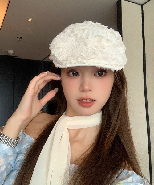 gossip!ロサンゼルス(ゴシップロサンゼルス)の「チュール立体フラワー付き ベレー帽 バスクバレー/ハンチング(ハンチング/ベレー帽・レディース・オフホワイト/ブラック・FREE)」の6枚目の写真