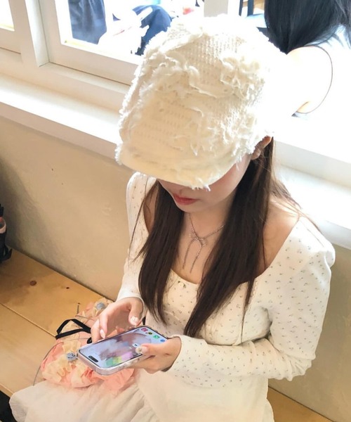 gossip!ロサンゼルス(ゴシップロサンゼルス)の「チュール立体フラワー付き ベレー帽 バスクバレー/ハンチング(ハンチング/ベレー帽・レディース・オフホワイト/ブラック・FREE)」の13枚目の写真
