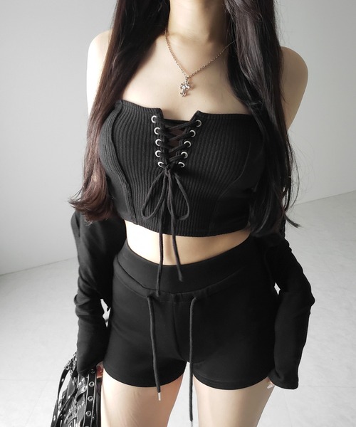 3color ／ カップ付き 】レースアップコルセットリボンショートリブ