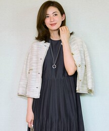 【極美品】23区 ツイードノーカラージャケット ビジュー ネイビー チェーン48 23区 ライトシャインツイードノーカラージャケット ネイビー/S