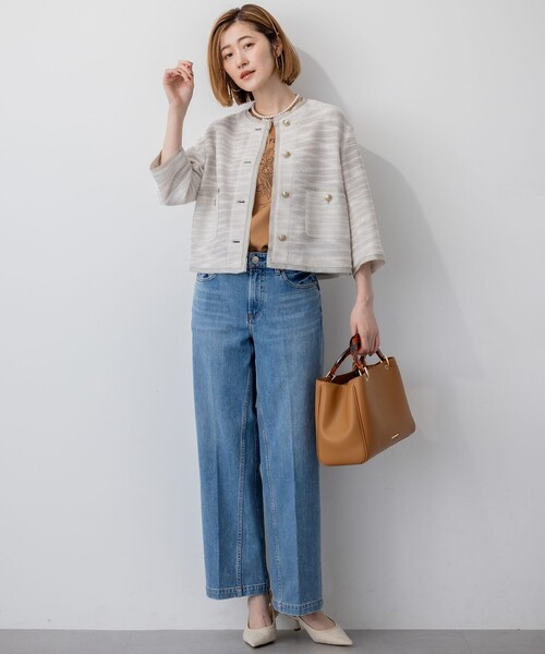 23区(ニジュウサンク)の「サマーツイード 7分袖 ジャケット(ノーカラージャケット・レディース・ダークブラウン系3/ベージュ系3/ブラック系・38/40)」の7枚目の写真