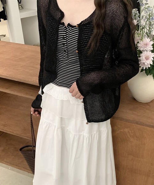 HALEY PESCA(ヘーリーペスカ)の「HALEY PESCA/カップ付き ボーダー柄 裾フリルヘンリーキャミソール(キャミソール・レディース・ホワイト/ブラック・FREE)」の5枚目の写真