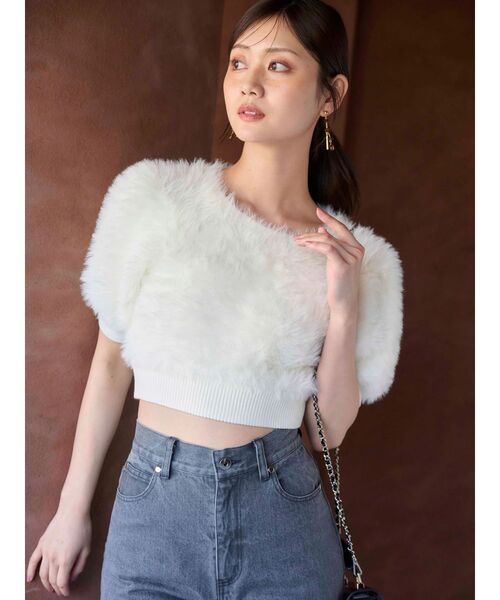 MERCURYDUO(マーキュリーデュオ)の「ファーライクシャギークロップドパフニット(ニット/セーター・レディース・その他1/アイボリー/ブラック・FREE)」の7枚目の写真