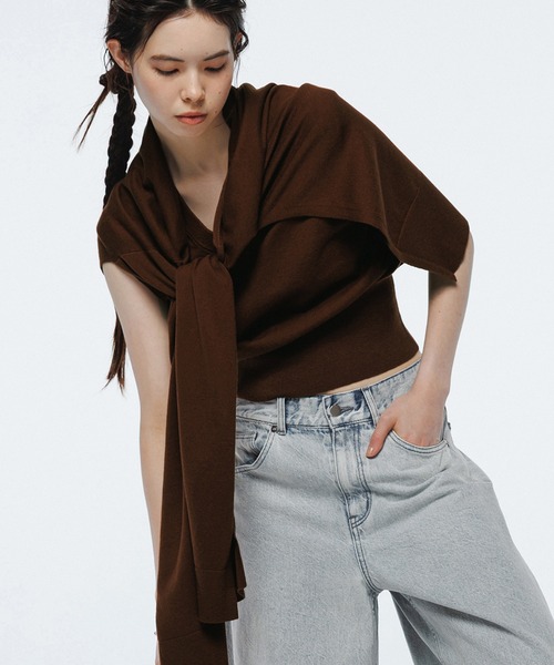 セール】ラップストールコンビノースリーブプルオーバー（ニット