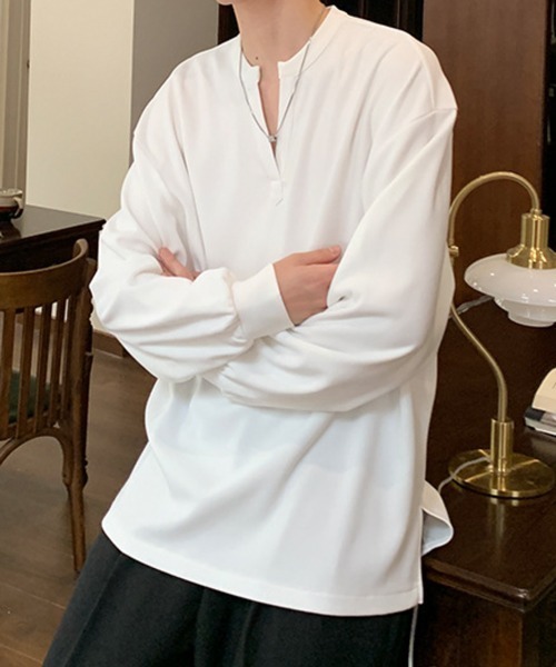 NOWLE ホワイト 長袖シャツ Lサイズ NOWLEリラックスフィット キーネック プルオーバー ロンT（Tシャツ