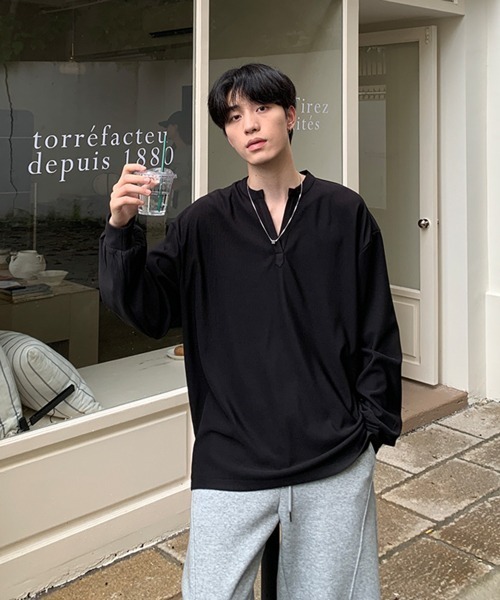 NOWLE（ノウル）の「【NOWLE】リラックスフィット キーネック プルオーバー ロンT（Tシャツ/カットソー・メンズ・ブラック/ホワイト・X-LARGE/SMALL/MEDIUM/LARGE）」の7枚目の写真