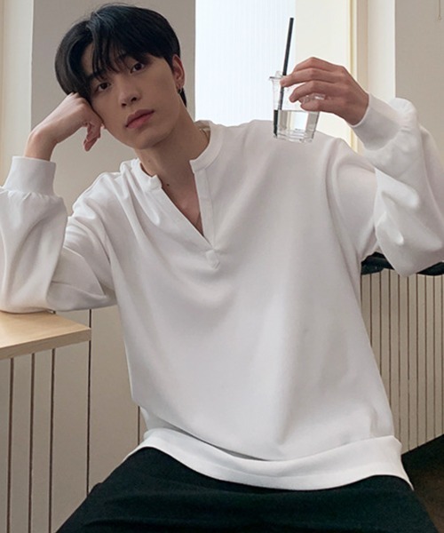 NOWLE（ノウル）の「【NOWLE】リラックスフィット キーネック プルオーバー ロンT（Tシャツ/カットソー・メンズ・ブラック/ホワイト・X-LARGE/SMALL/MEDIUM/LARGE）」の11枚目の写真