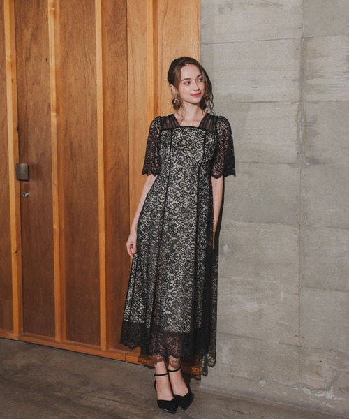 【お呼ばれ・Dorry Doll】スクエアネックレースフレアドレス Dorry Doll（ドリードール）の「スクエアネックレースフレアドレス